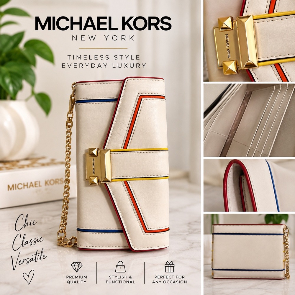 Michael Kors White Leather Stripe Wallet Clutch Gold Chain Wristlet